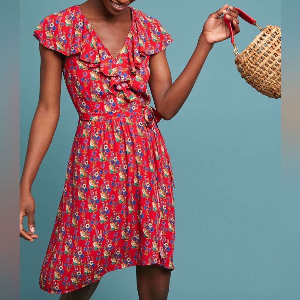 Anthropologie Maeve Rosalia Red Floral Faux Wrap Ruffle Dress - Size 0 - Picture 3 of 10